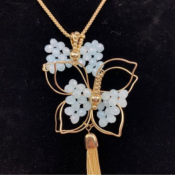 Carol Dauplaise 3D Wire Beaded Butterfly Statement Necklace Blue Gold - Picture 3 of 12